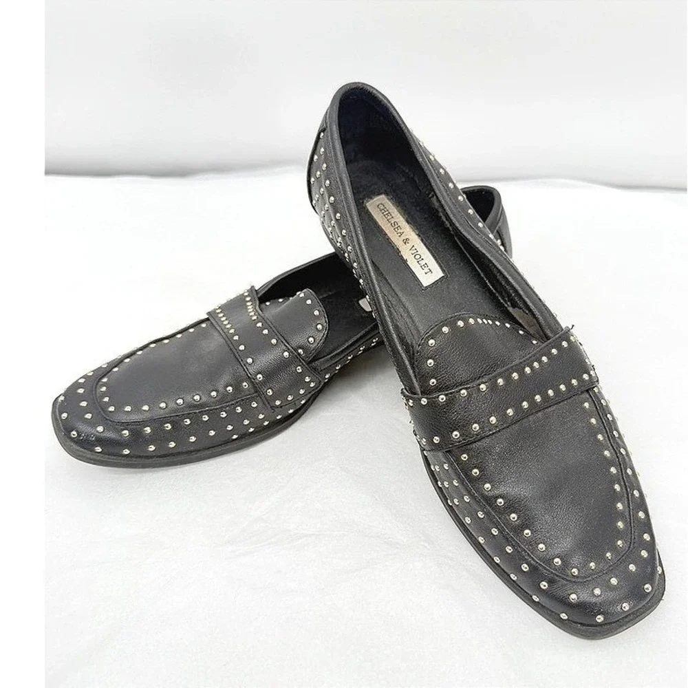 Chelsea & Violet Penny Loafers Black Leather Silver Studded Flat Dress Shoes 8